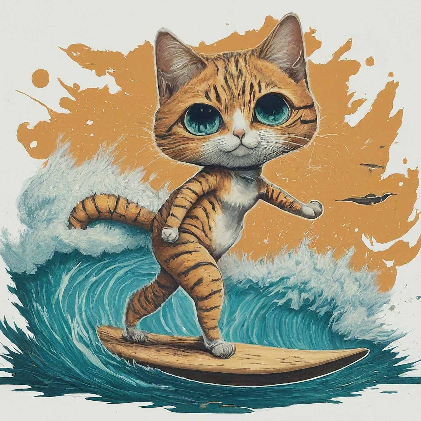 A Cat Surfer Riding A Wave On A Surfboard.