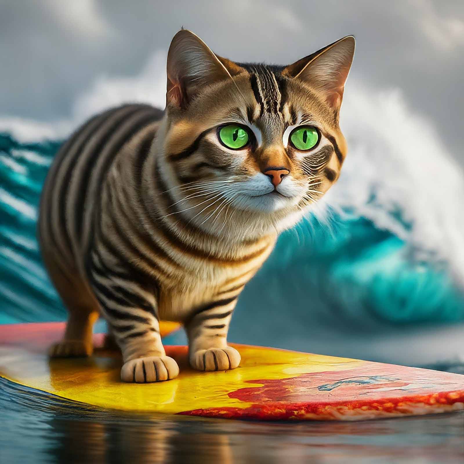 A Cat Surfer With Green Eyes Gracefully Balances On A Surfboard.
