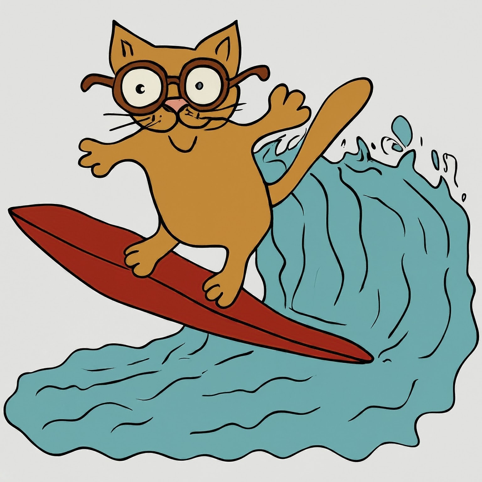 A Cartoon Cat Surfing A Wave On A Surfboard.
