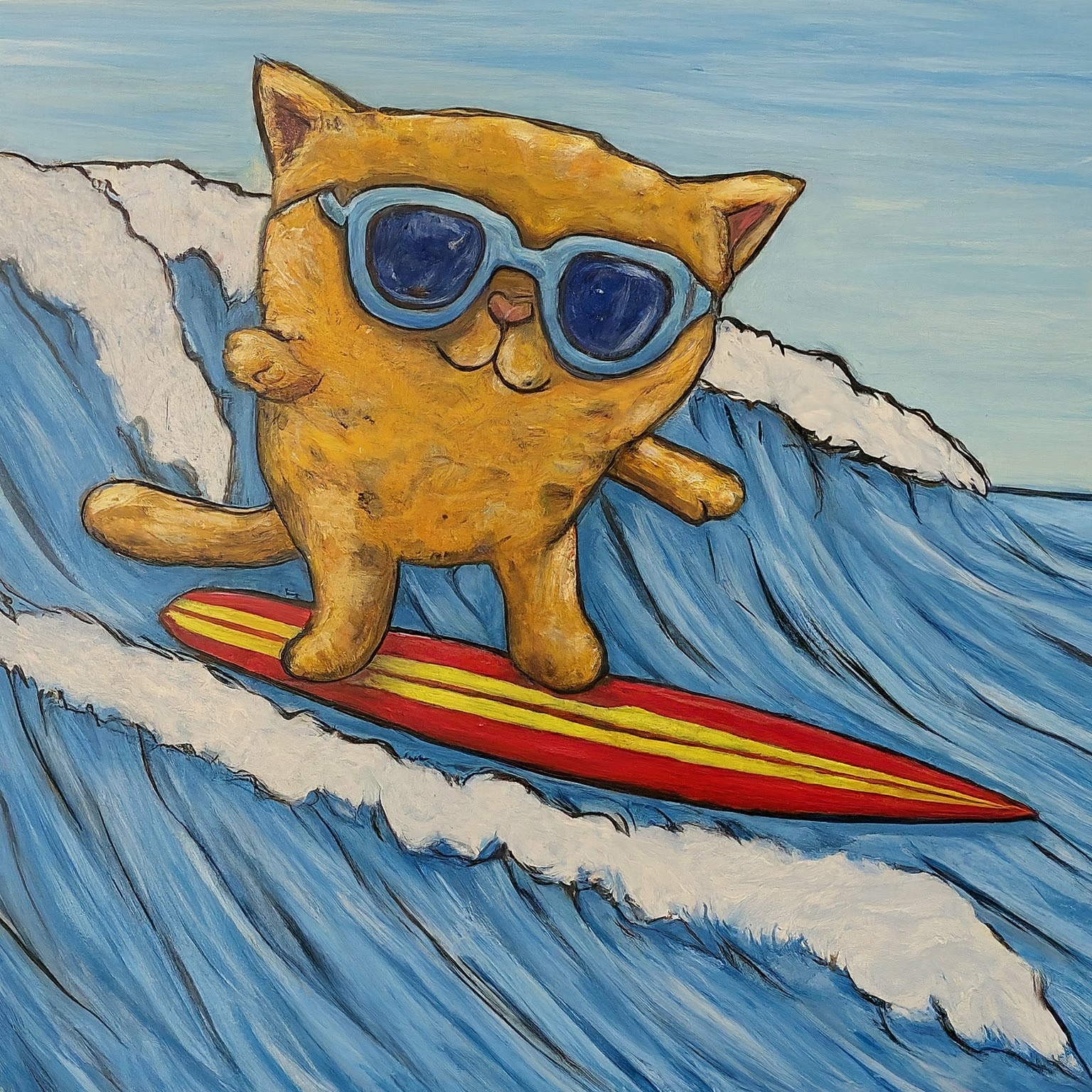 A Cat Surfer Riding A Wave.