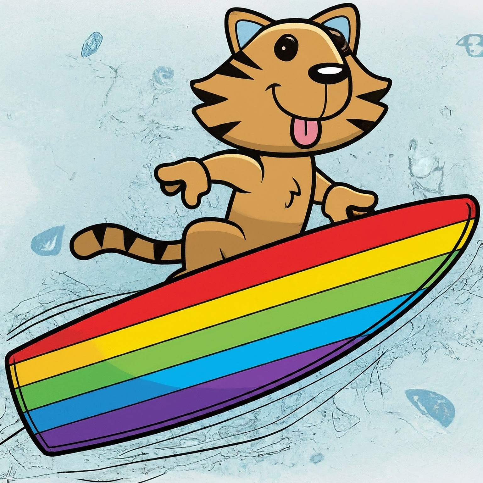 A Cartoon Tiger Riding A Rainbow Surfboard.
