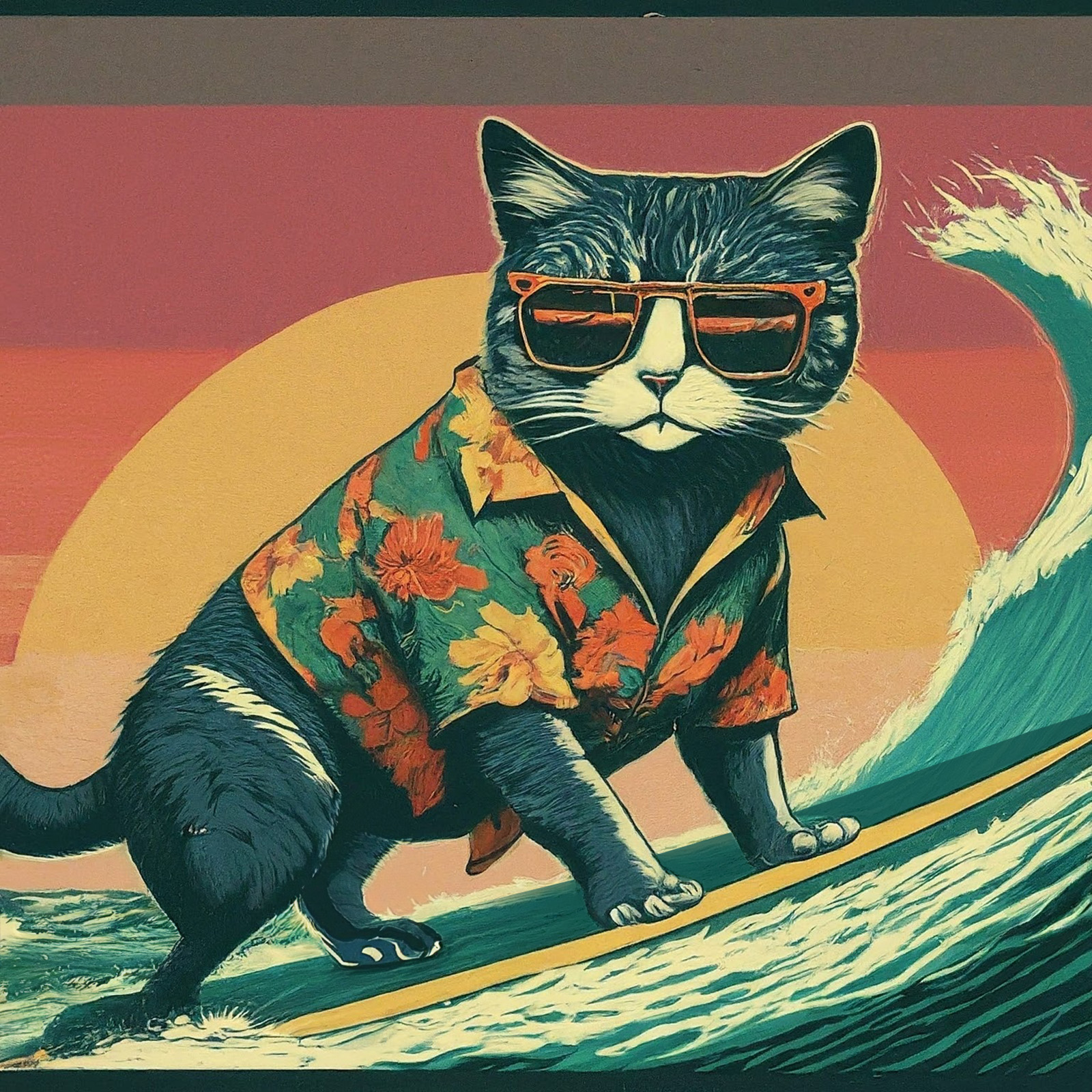 A Surfing Cat Confidently Rides A Surfboard, Sporting Sunglasses And A Stylish Shirt.