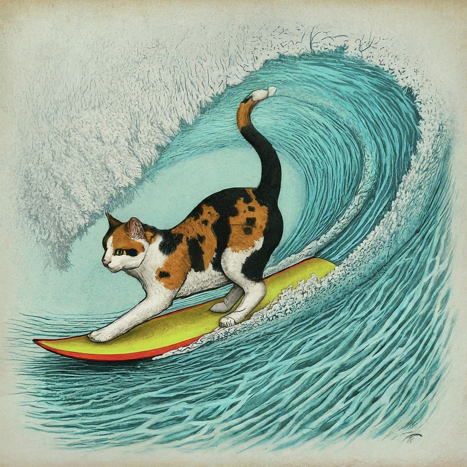 Cats Surfing On A Surfboard.