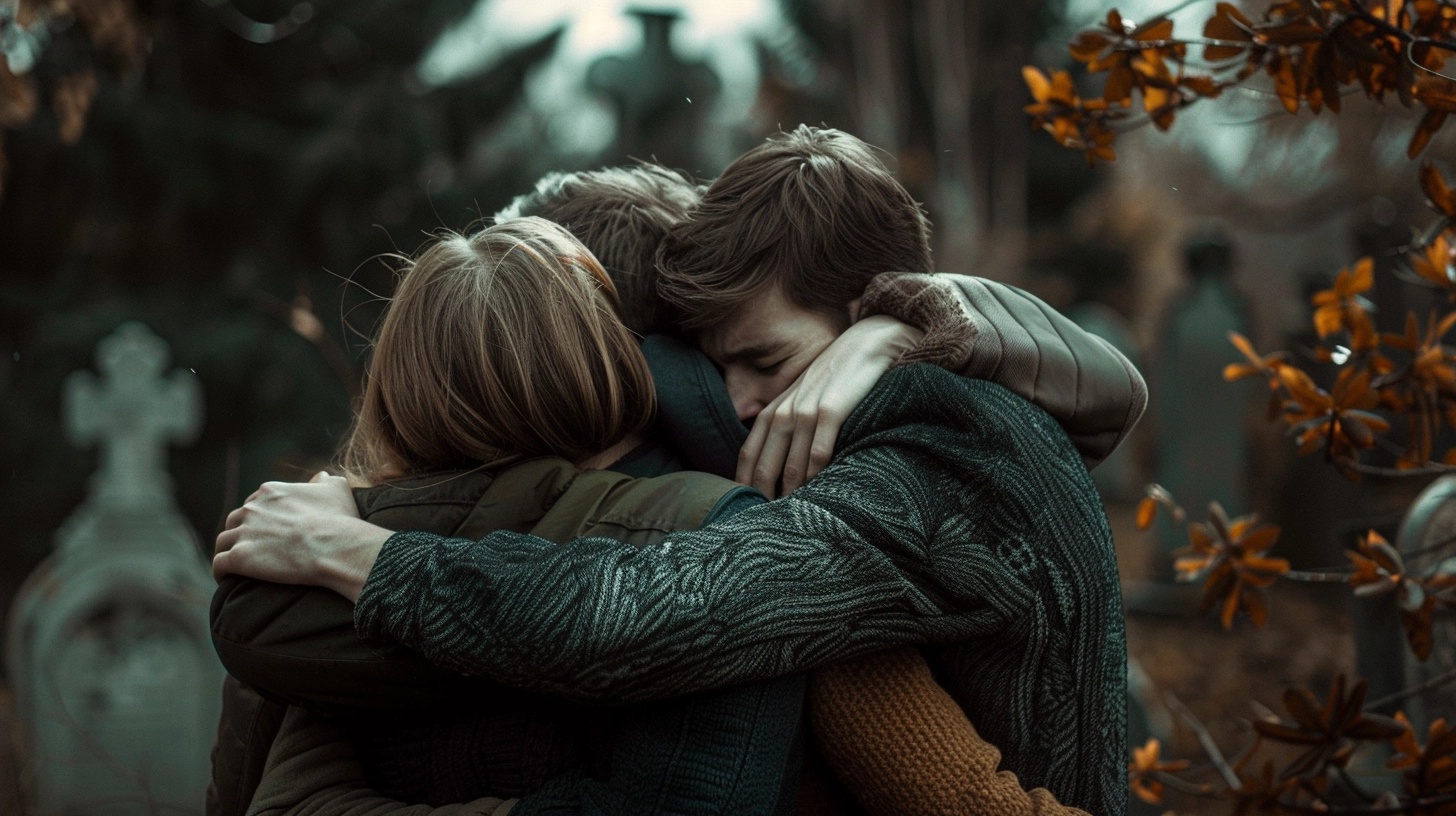 Three People Embrace In A Group Hug At An Outdoor Location With Trees And Gravestones In The Background. The Mood Is Somber And Reflective, Reminiscent Of A Heartfelt Reading At A Non-Religious Funeral.