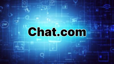 Chat.com" text on a blue digital background with abstract icons and circuit patterns, echoing the innovative spirit of OpenAI.