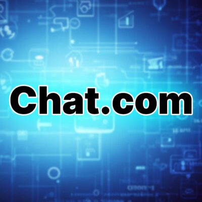 Chat.com&Quot; Text On A Blue Digital Background With Abstract Icons And Circuit Patterns, Echoing The Innovative Spirit Of Openai.