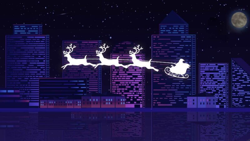 Santa Claus Flying His Sleigh Through A City