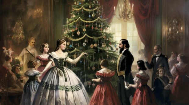 Concept Illustration Of England'S Queen Victoria And Prince Albert Gathered Around A Decorated Christmas Tree With Their Family
