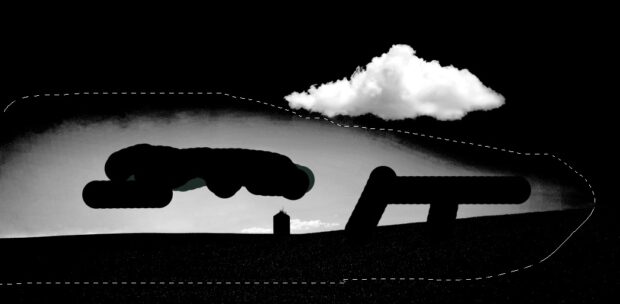 A Black And White Image Of A Car With A Cloud In The Sky, Modified Using Photoshop.