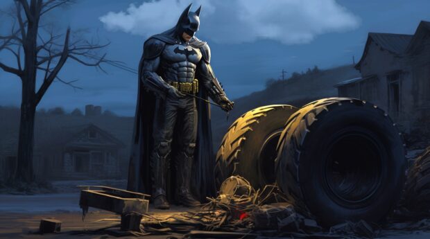 Batman Standing Next To A Tire In A Deserted Area, With Transparent Clouds Created Using Photoshop.