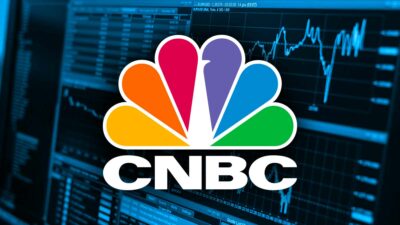 A computer screen featuring the cnbc logo, highlighting their ratings and coverage of the 2008 recession compared to Fox Business.
