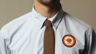Coffee Badging Job Trend - A man wearing a shirt and tie with a coffee logo on it, displaying his passion for coffee.