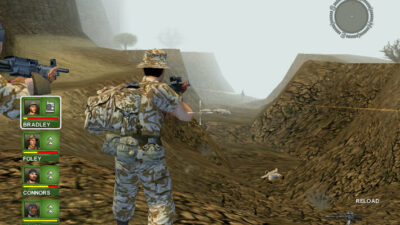 A soldier in a foggy valley from the video game Conflict Desert Storm.