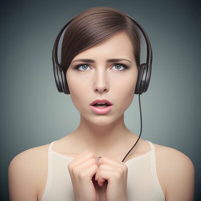 Confused Female Music Fan Wearing Headphones