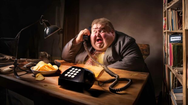 Fat Man Eating Potato Chips While On The Phone Making Spam Phone Calls