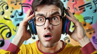 Confused music fans thinking about the Most Ridiculous Band Names of All Time - Person with glasses wearing colorful headphones looks surprised, with a background of various musical notes and funny band names.