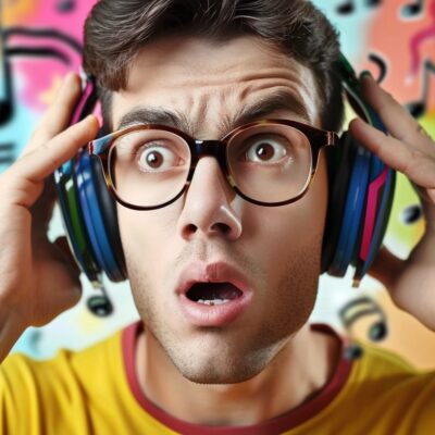 Confused Music Fans Thinking About The Most Ridiculous Band Names Of All Time - Person With Glasses Wearing Colorful Headphones Looks Surprised, With A Background Of Various Musical Notes And Funny Band Names.