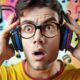 Confused music fans thinking about the Most Ridiculous Band Names of All Time - Person with glasses wearing colorful headphones looks surprised, with a background of various musical notes and funny band names.