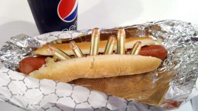 A Costco hot dog, filled with bullets. - Woman Finds Live Bullets In Her Costco Hot Dog