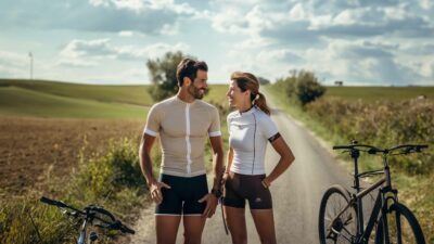 a professional male cyclist talking to an attractive female cyclist on the side of the road in the Italian countryside