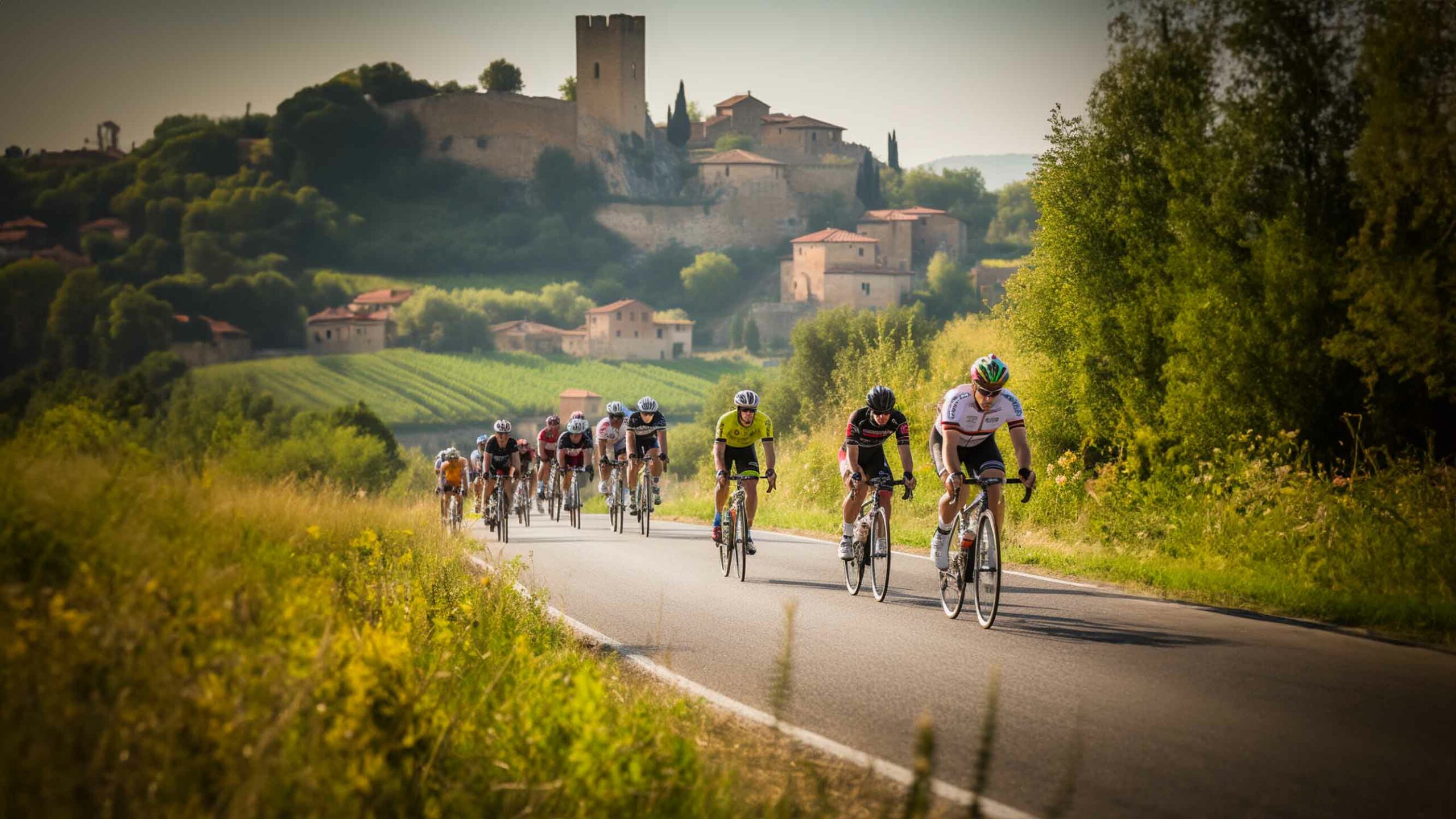 Group Of Attractive Professional Cyclists Racing Through The Italian Countryside