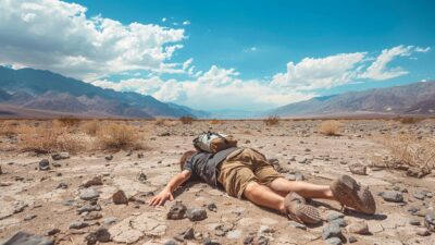 A person lying face down in a rocky desert landscape under a sunlit sky with distant mountains and scattered clouds, enduring the intense Death Valley Heatwave.