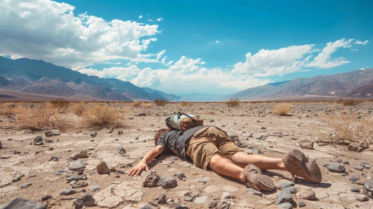 A person lying face down in a rocky desert landscape under a sunlit sky with distant mountains and scattered clouds, enduring the intense Death Valley Heatwave.