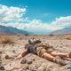 A person lying face down in a rocky desert landscape under a sunlit sky with distant mountains and scattered clouds, enduring the intense Death Valley Heatwave.