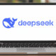 A laptop screen showcases the logo of a burgeoning Chinese AI startup: a majestic blue whale accompanied by the text "DeepSeek" in sleek blue font, signifying its innovation in the tech industry.