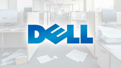 Dell logo overlaid on an image of an office with cubicles, scattered papers, and computer monitors.