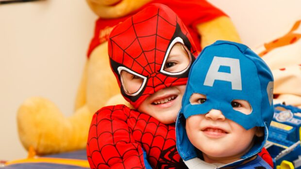 Halloween Kids In Spiderman And Captain America Costumes