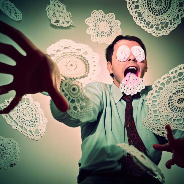 Man Being Attacked By Killer Lace Doilies, Style Of A 1970S Horror Movie