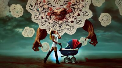 giant doilies attacking a woman with a baby stroller, dramatic, Horrifying, Biopunk, intricate detail, intricate detail, extremely detailed, concept art, stylized realism, incredible detail, intricate detail,