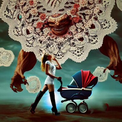 Giant Doilies Attacking A Woman With A Baby Stroller, Dramatic, Horrifying, Biopunk, Intricate Detail, Intricate Detail, Extremely Detailed, Concept Art, Stylized Realism, Incredible Detail, Intricate Detail,