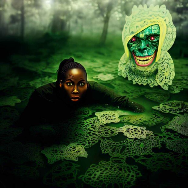 Woman Trying To Escape A Green Doily Swamp Monster