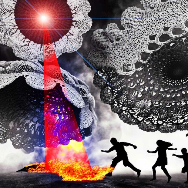 Children Trying To Escape From An Alien Doily Ufo That'S Shooting Laser Beams That Them
