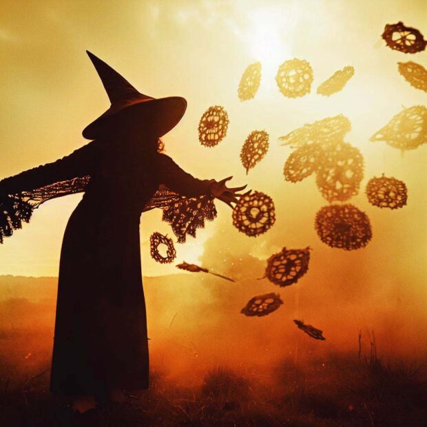 Witch With A Flock Of Flying Doilies, Dramatic, Film Grain, Golden Hour, Backlit, Style Of A 1970S Horror Movie