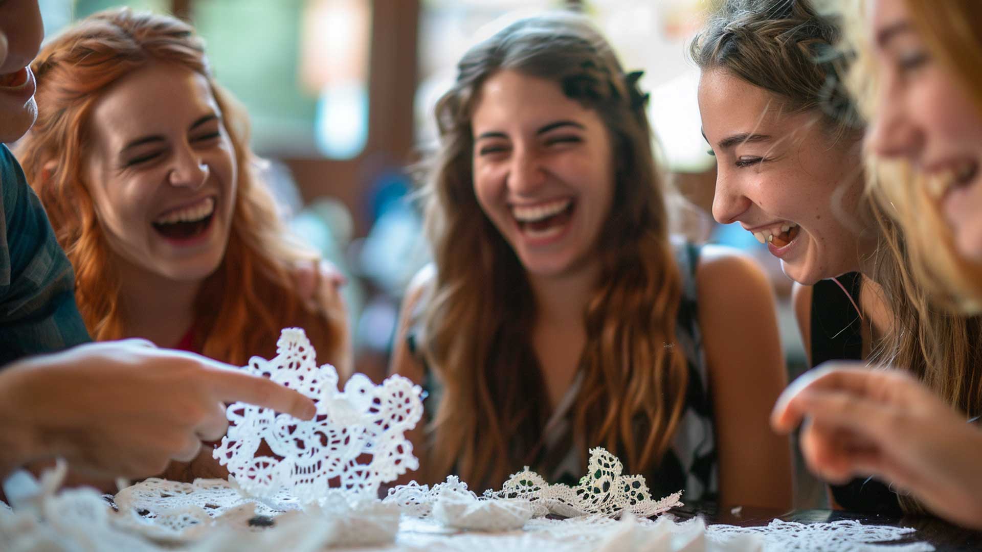 Funny Doily Jokes &Amp; Doily Puns - A Group Of People Sit Around A Table, Smiling And Laughing At Crochet Jokes While Observing Decorative Lace Patterns.