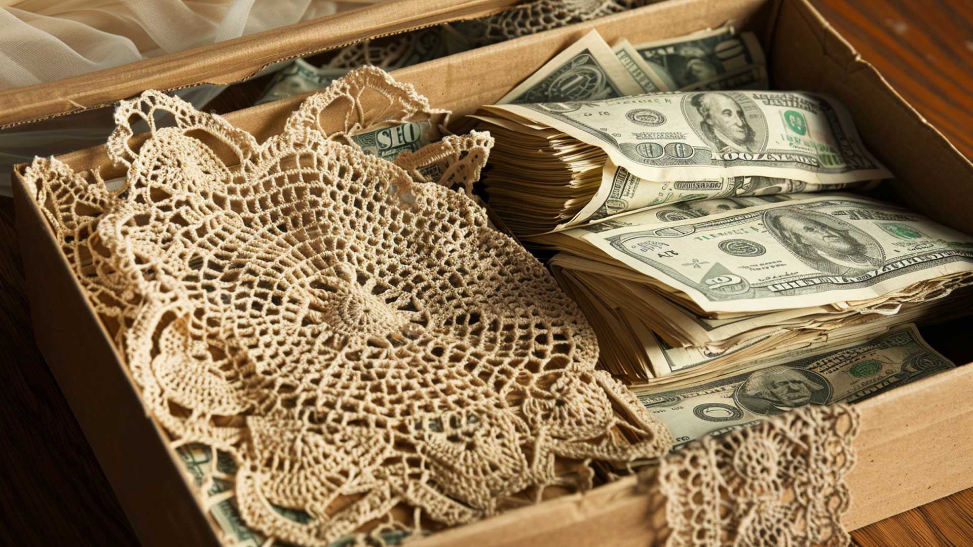 The Shoebox Doily Joke - A Cardboard Box Containing Stacks Of U.s. Dollar Bills, Cleverly Hid Under A Crocheted Doily That'S Clearly Up To Some 'Lacey' Business.