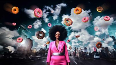 Woman surrounded by flying donuts
