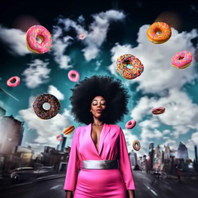 Woman surrounded by flying donuts