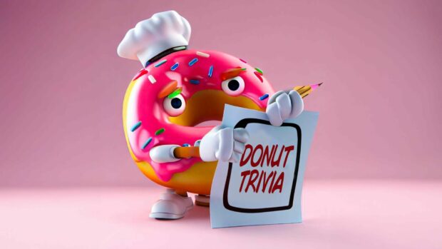 A Donut Mascot Holding A Sign That Says &Quot;Donut Trivia&Quot;