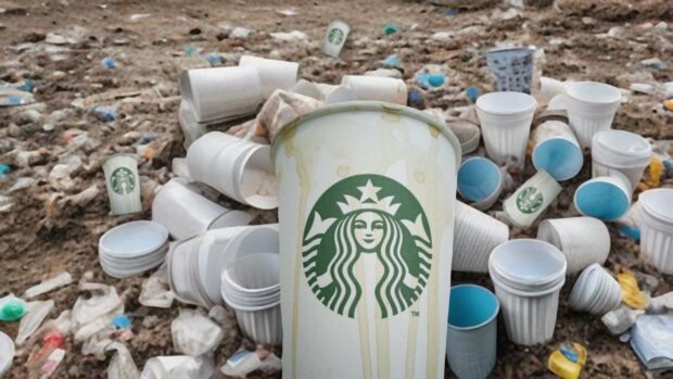 A Starbucks Cup Sits Atop A Pile Of Trash, Showcasing The Brand'S Dominance In The Coffee Industry.