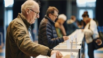 On Election Day, people stand in line at the voting booths, casting their votes in a well-lit indoor setting.