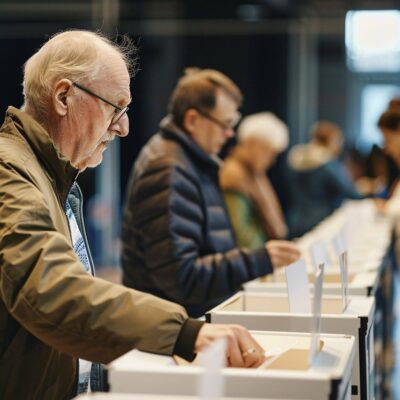 On Election Day, People Stand In Line At The Voting Booths, Casting Their Votes In A Well-Lit Indoor Setting.