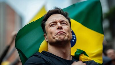 Elon Musk Standing In Front Of A Brazilian Flag, Looking Upwards With A Serious Expression, Possibly Pondering The Recent Feud With Elon Musk And How Brazil Blocks X.