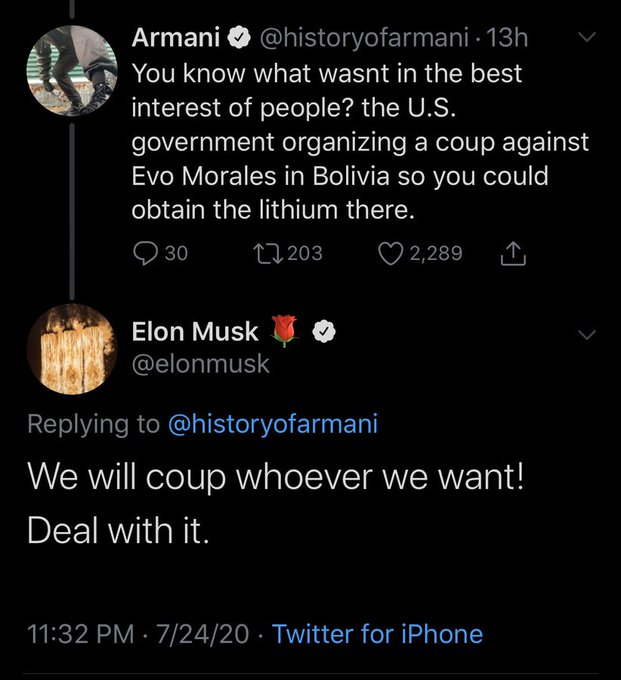 Musk Lashes Out At A Twitter User For Their Comments About A Bolivia Coup, And How It Helps Tesla Obtain Lithium