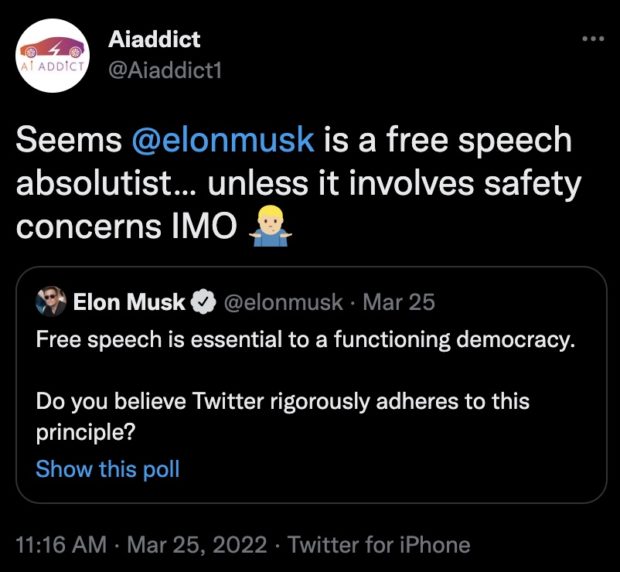 Elon Musk Is A Free Speech Absolutist… Unless It Involves Safety Concerns 