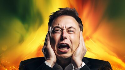 Elon Musk Brazil Mad - A person in a suit covering their ears and grimacing, with a vibrant, colorful background reminiscent of Brazil.