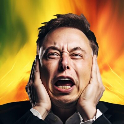 Elon Musk Brazil Mad - A Person In A Suit Covering Their Ears And Grimacing, With A Vibrant, Colorful Background Reminiscent Of Brazil.